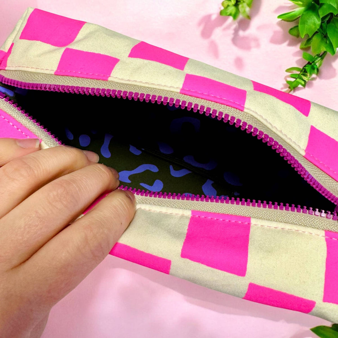 Pink & Sand Check Boxy Washbag