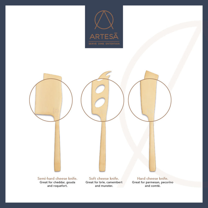 Artesá 3 Piece Set of Brass-Finished Cheese Knives