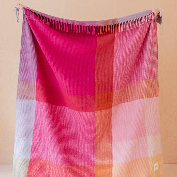 Recycled Wool Blanket in Pink Waffle Block